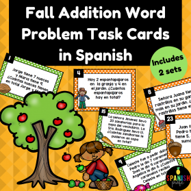 Fall Addition Word Problems in Spanish (Problemas de cuento sumas otono)