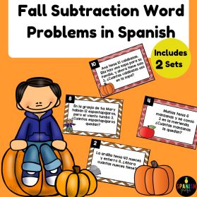 Fall Subtraction Word Problems in Spanish (Problemas de cuento restas otono)